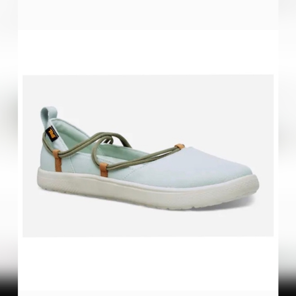 Teva Women's Light Green Canvas Slip-On Flats with Olive Straps